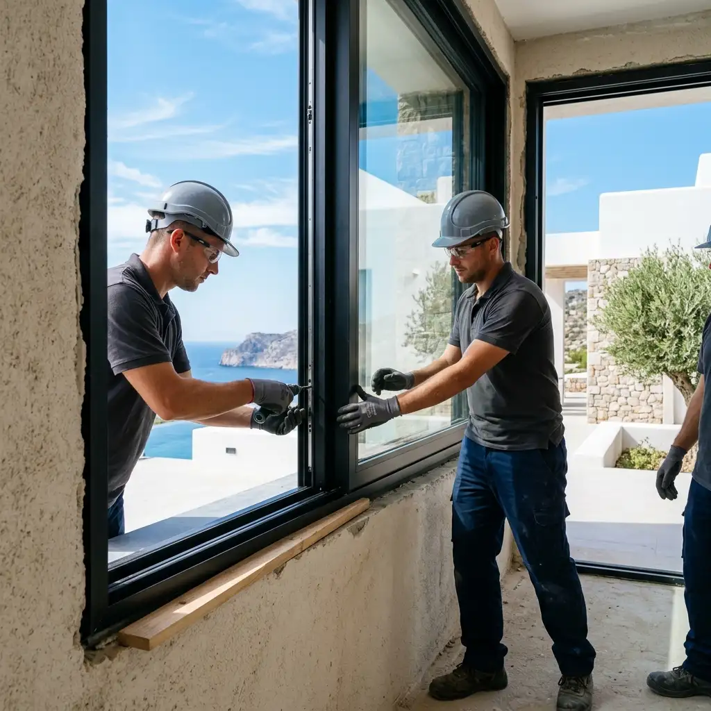 Instalador profesional ajustando ventana de aluminio Cortizo